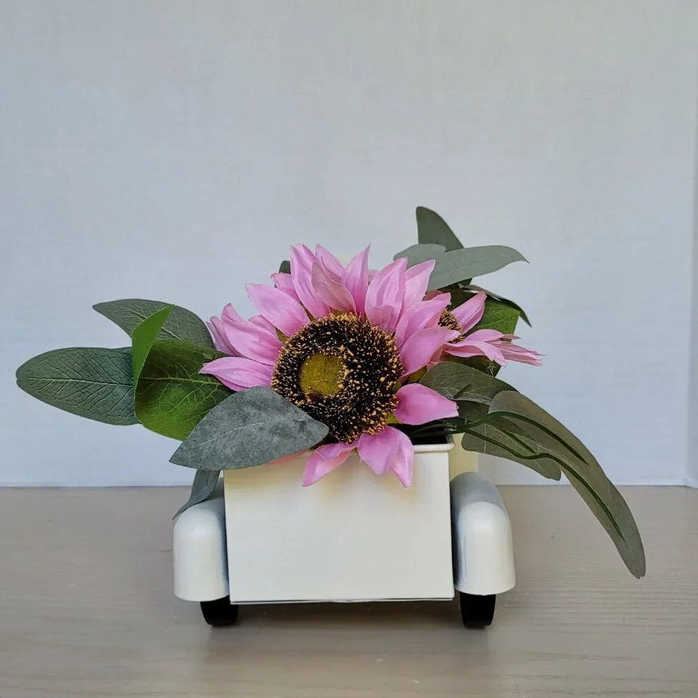 Decorative Retro Style Pick Up Truck Ivory Metal Pink Sunflowers Green Leaves